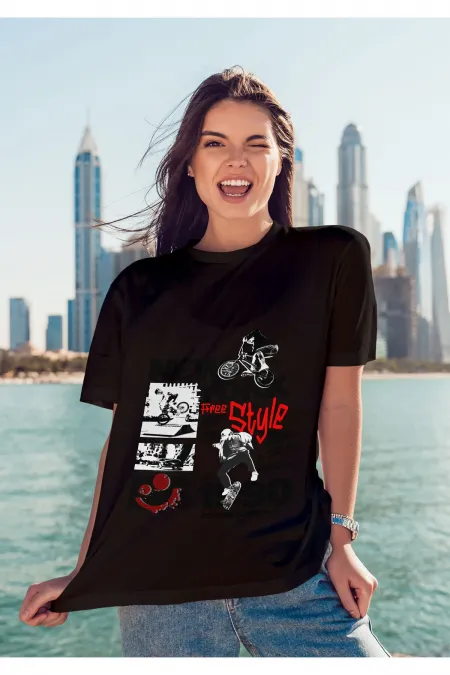 Unisex Erkek/Kadın NEWYORK Renkli Özel Baskılı Oversize Pamuklu Bisiklet Yaka T-Shirt Tişört
