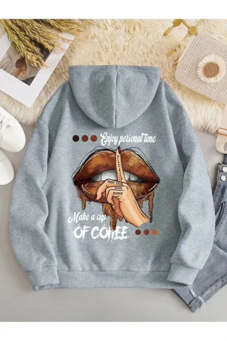 Lip Printed Oversized Hooded Sweatshirt with Raised Hem