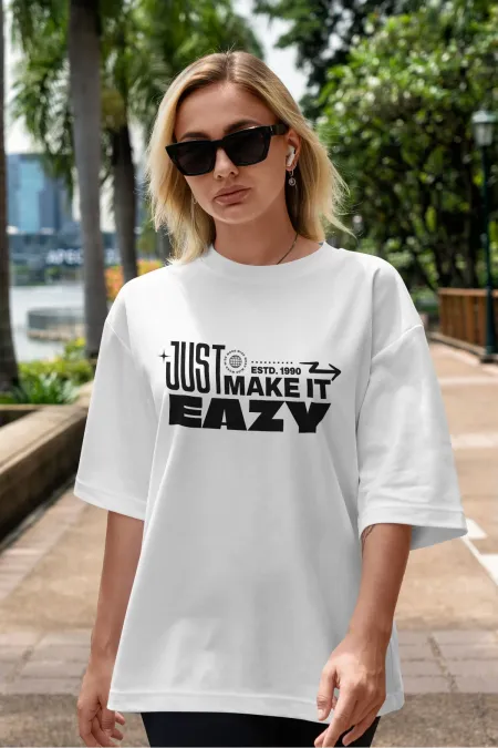 Unisex Erkek/Kadın EAZY Renkli Özel Baskılı Oversize Pamuklu Bisiklet Yaka T-Shirt Tişört