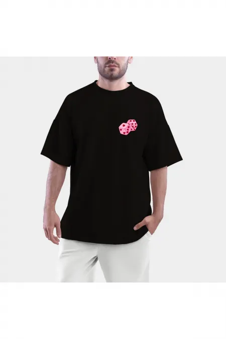 Pink Dice Printed Black Combed Cotton Oversize T-shirt
