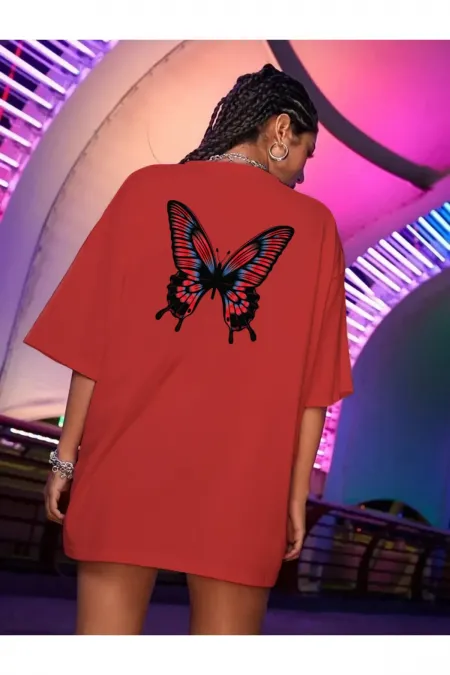Red T-Shirt, Black Butterfly Printed Oversize Combed Cotton T-shirt