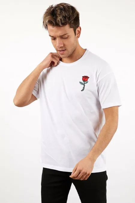 Erkek Beyaz Oversize Gül Nakışlı T-shirt