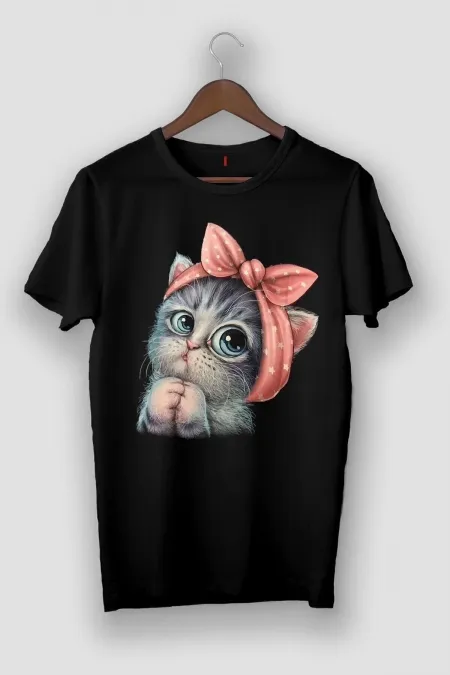 Kadın Siyah Sevimli Minik Kedi Baskılı T-shirt