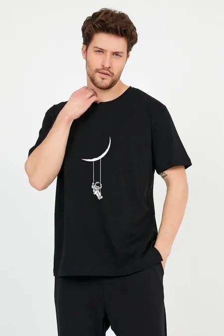 Unisex Black Oversized Cotton T-shirt with Moon Swing Print on the Front