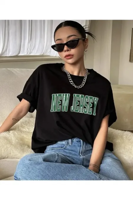 Unisex New Jersey Printed Oversize Black Garalio T-shirt