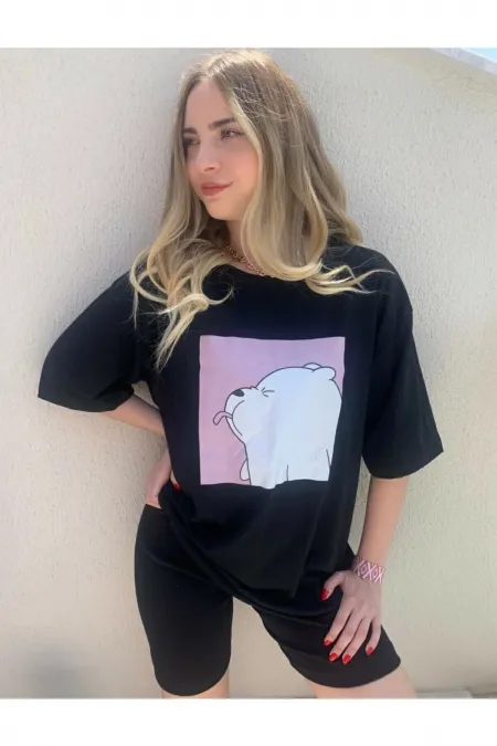 Kadın Siyah Dil Çıkaran Köpek Oversize T-shirt