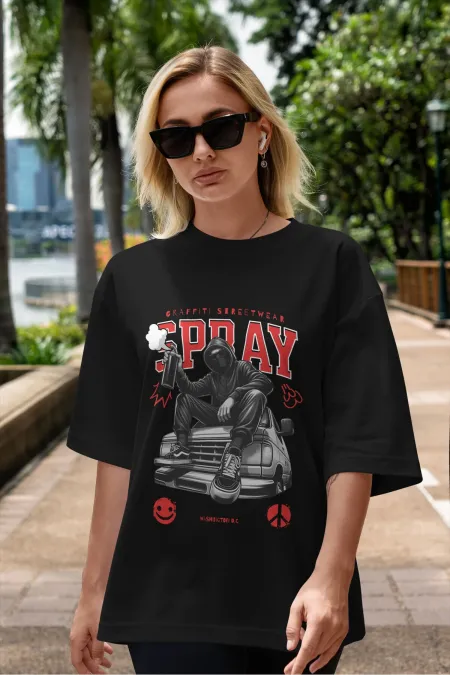 Unisex Erkek/Kadın SPRAY Renkli Özel Baskılı Oversize Pamuklu Bisiklet Yaka T-Shirt Tişört