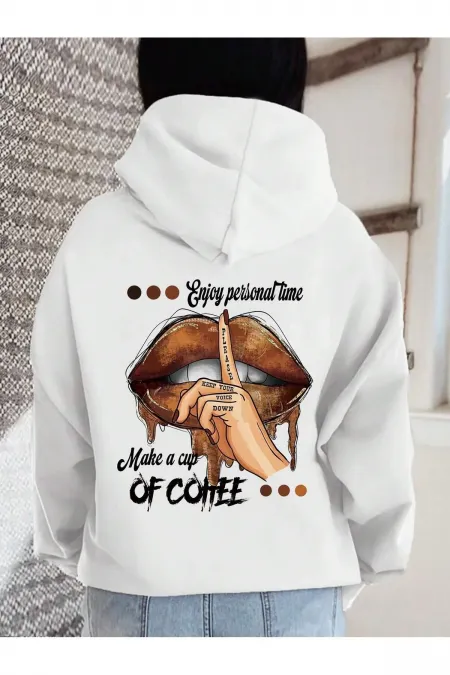 Lip Printed Oversized Hooded Sweatshirt with Raised Hem