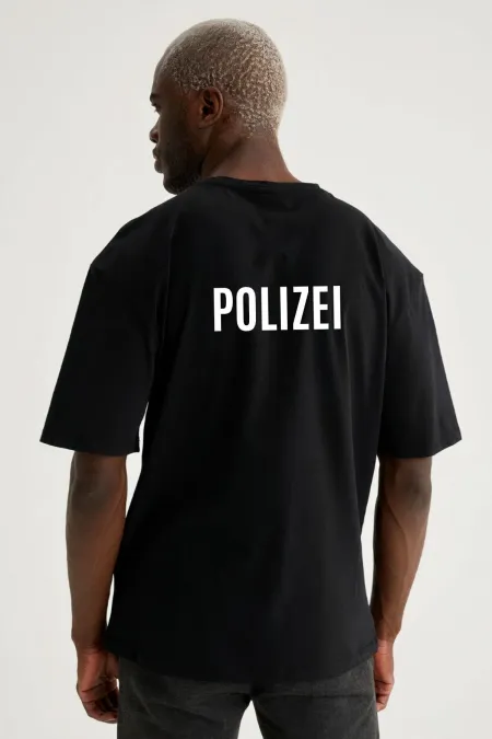 Men's Black Color Oversize Polizei Printed T-shirt