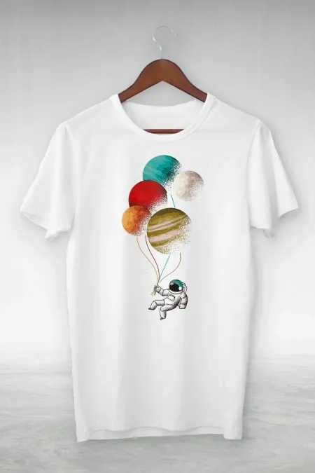 Unisex White Balloon And Astronaut From The Planet Illustration T-Shirt
