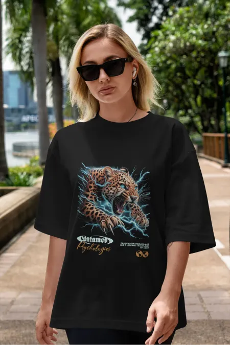 Unisex Erkek/Kadın PANTHER Renkli Özel Baskılı Oversize Pamuklu Bisiklet Yaka T-Shirt Tişört