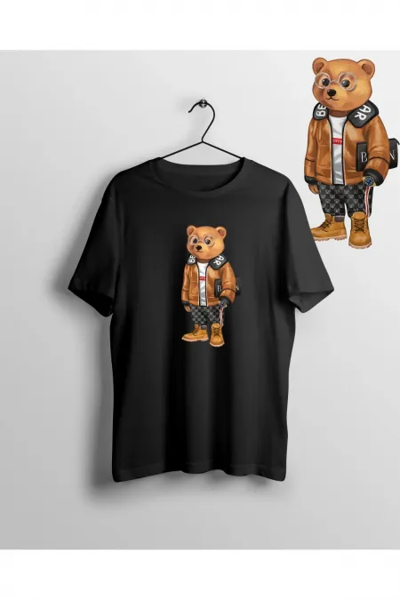 Bad Boy Baron Cool Teddy Bear Ayı Unisex Bisiklet Yaka Baskılı T-shirt