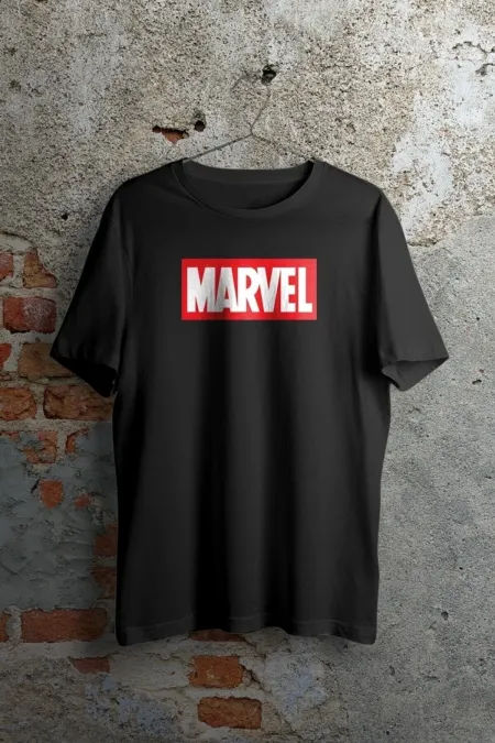 Marvel Logo Baskılı Siyah Kısa Kollu Unisex Tişört