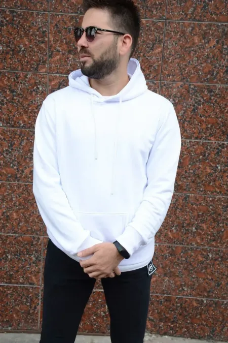 Erkek Beyaz Uzun Kollu Kapüşonlu Üst Kanguru Cepli Beyaz Polar Sweatshirt