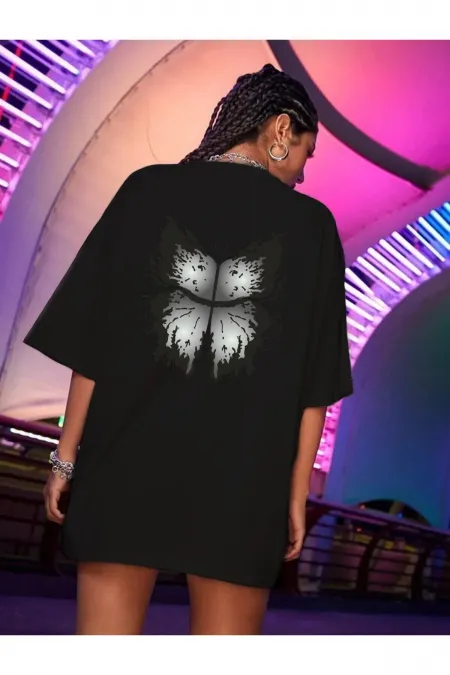 Black T-Shirt, White Butterfly Printed Oversize Combed Cotton T-shirt