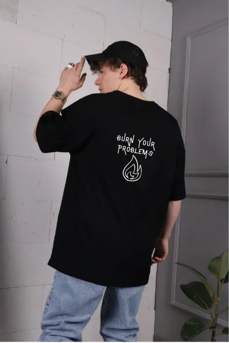 Men's Black Oversize Burn Your Problems Printed T-shirt
