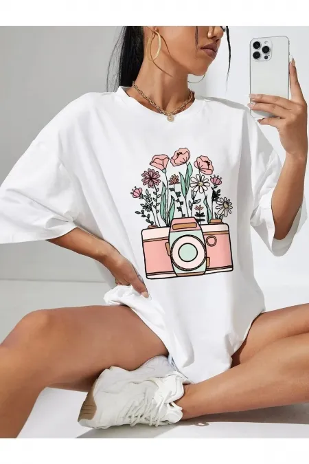 Floral Camera Printed Oversize T-shirt garalio