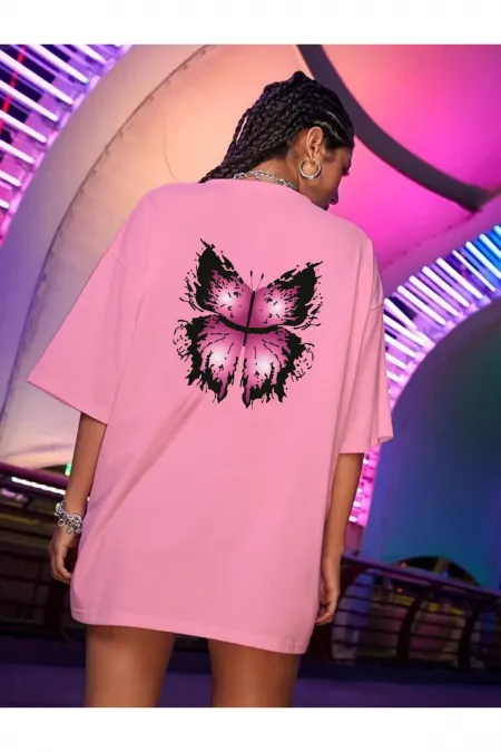 Pink T-shirt, Butterfly Printed Oversize Combed Cotton T-shirt