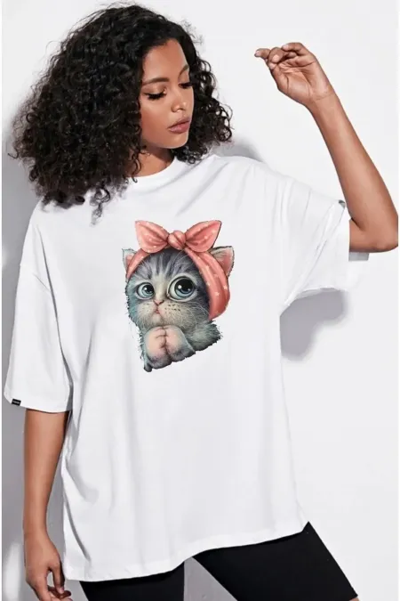 White Unisex Cute Little Cat Printed Cotton Crew Neck Boyfriend Knitted Oversize T-Shirt
