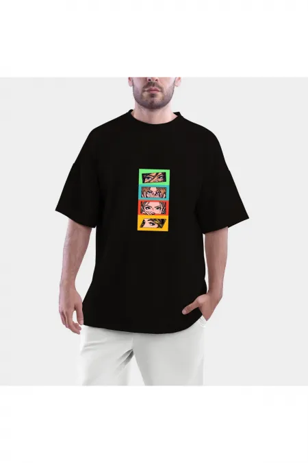 Colorful Women's Pop Art Printed Black Color Combed Cotton Oversize T-shirt