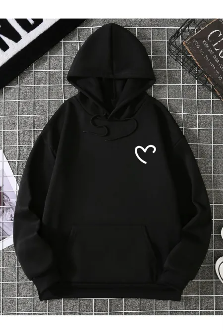 Heart Printed Kangaroo Pocket Hooded Sweatshirt