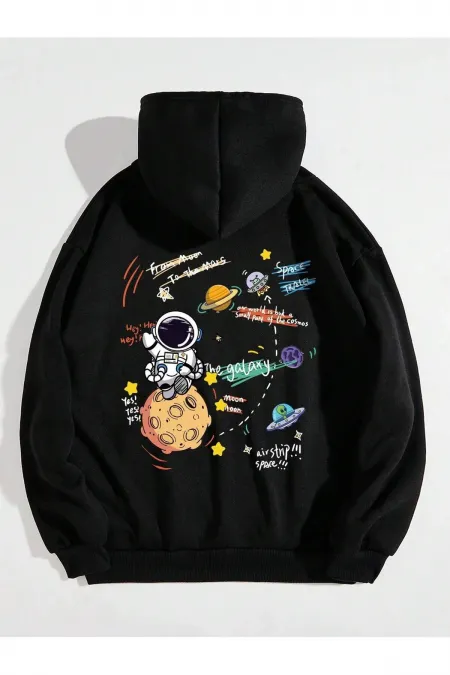 Space Printed Hooded Kangaroo Pocket Sweatshirt