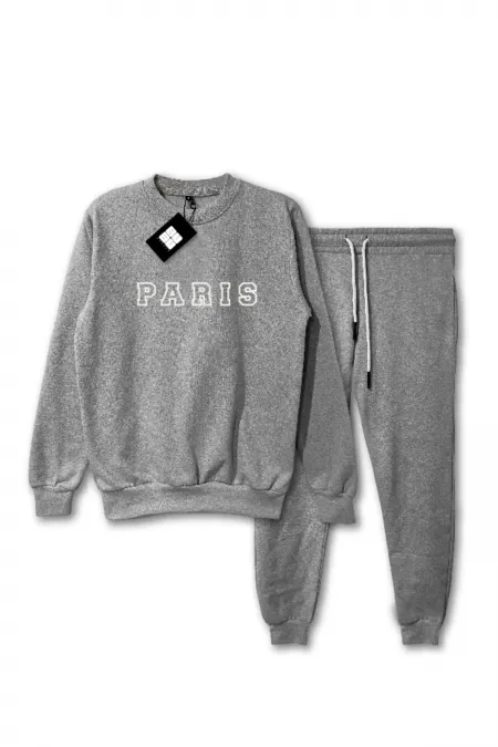 2'li Paris Unisex Gri Kapüşonlu Sweatshirt Ve Eşofman Kombin