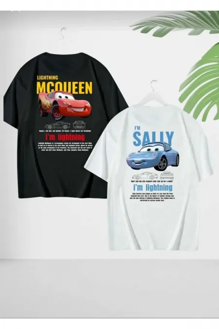 Women Men Unisex Sally & McQueen Cars Lover Couple Combination Oversize Colored T-shirt 2-pack