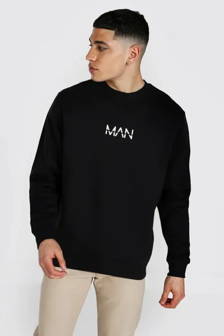 Erkek Siyah Man Baskılı Oversize Sweatshirt