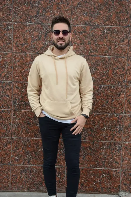 Erkek Krem Uzun Kollu Kapüşonlu Üst Kanguru Cepli Sweatshirt