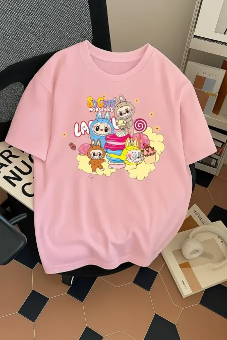 Unisex Erkek/Kadın Labubu So Cute Renkli Baskılı Oversize Pamuklu T-Shirt