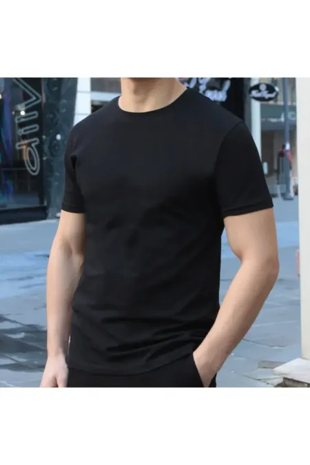 Erkek Siyah Bisiklet Yaka Slim Fit T-shirt