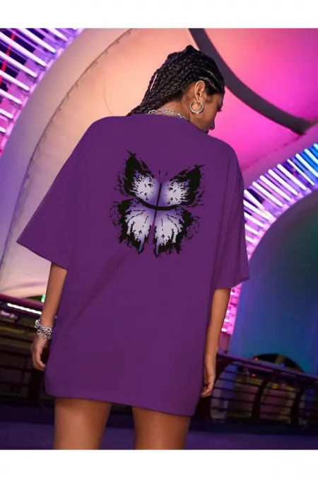 Purple T-Shirt, Blue Butterfly Printed Oversized Combed Cotton T-shirt