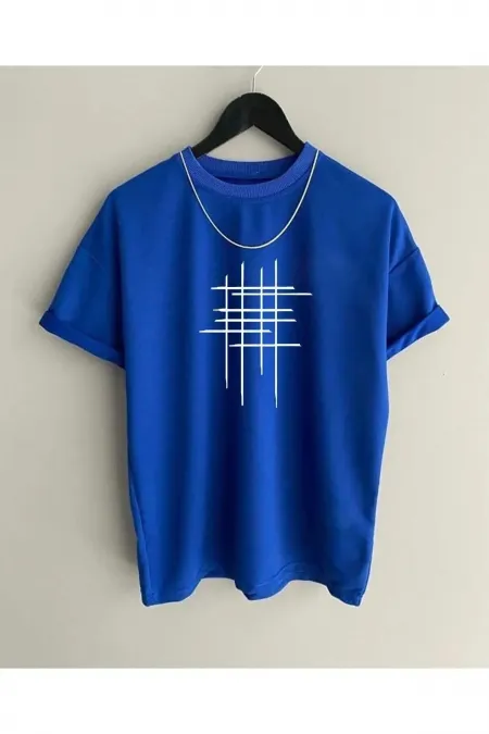 Unisex Hashtag Blue Oversize Crew Neck Printed T-shirt