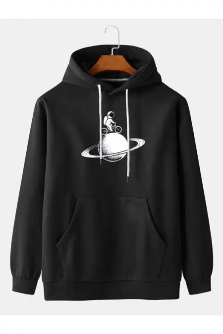 Unisex Siyah Astronot Baskılı Hoodie Sweatshirt