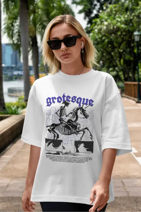 Unisex Erkek/Kadın GROTESQUE Renkli Özel Baskılı Oversize Pamuklu Bisiklet Yaka T-Shirt Tişört