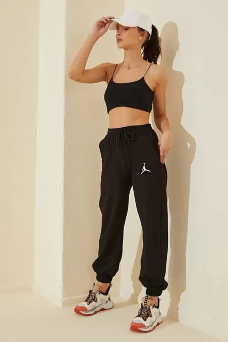 Kadın Siyah Jogger Iki Iplik Beli Lastikli Eşofman Altı