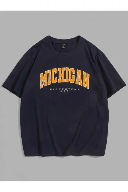 Unisex Navy Blue Michigan Printed Oversize T-shirt