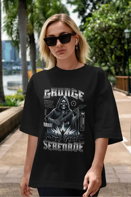 Unisex Erkek/Kadın GRUNGE Renkli Özel Baskılı Oversize Pamuklu Bisiklet Yaka T-Shirt Tişört