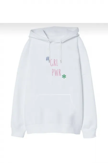 Unisex Beyaz Gril Power Baskılı Kapüşonlu Sweatshirt