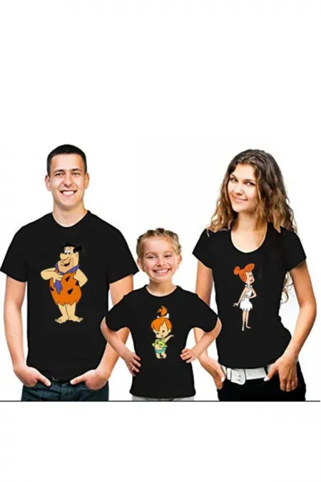 Çakmaktaşlar Baskılı Aile Tişört Kombini Anne Baba Çocuk 3lü Siyah Bedenleri Soru Sora Mesaj Atın