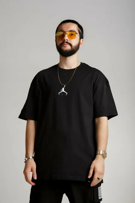 Erkek Siyah Oversize Baskılı Aır T-shirt