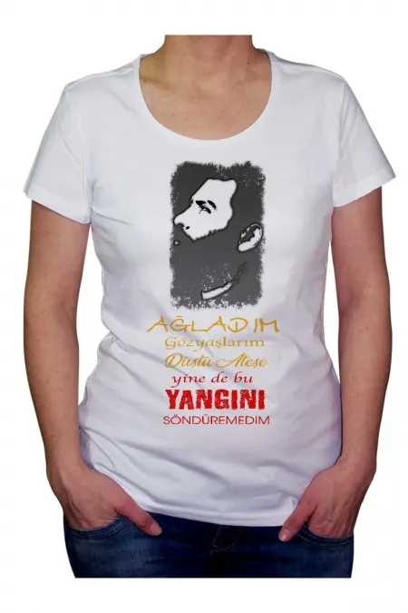 Ahmet Kaya Ağladım Baskılı Kısa Kol Geniş Yaka Beyaz Kadın T-shirt