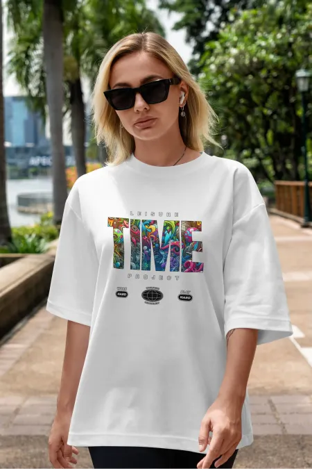 Unisex Erkek/Kadın TIME Renkli Özel Baskılı Oversize Pamuklu Bisiklet Yaka T-Shirt Tişört