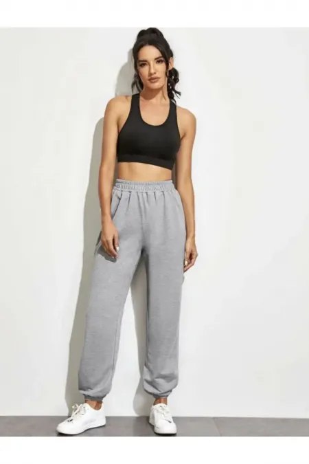 Kadın Gri Basic Jogger Örme Eşofman