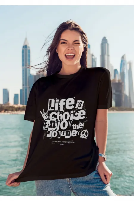 Unisex Erkek/Kadın LIFE IS CHOICE Renkli Özel Baskılı Oversize Pamuklu Bisiklet Yaka T-Shirt Tişört