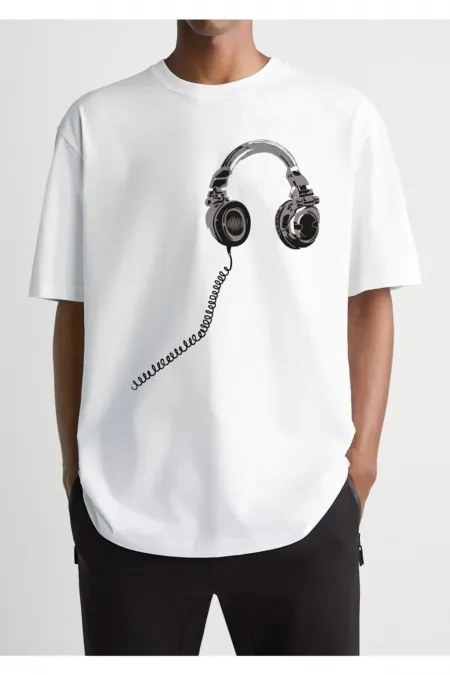 Oversize White T-shirt with Headphone Print