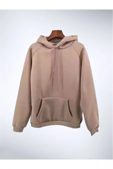Unisex Kapüşonlu Kanguru Cep Düz Bisküvi Rengi Sweatshirt