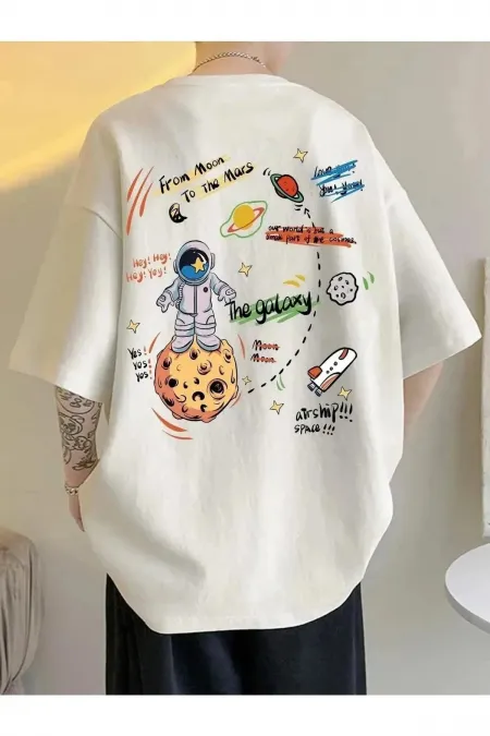 Unisex White Planet Printed Oversize Crew Neck White Black T-shirt