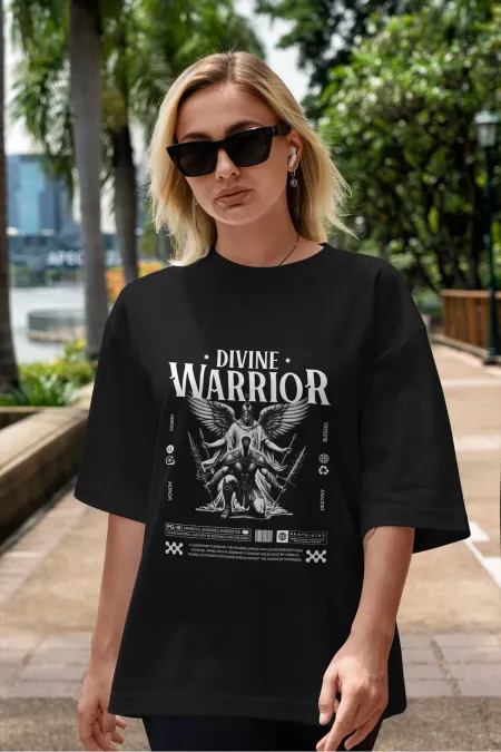 Unisex Erkek/Kadın WARRIOR Renkli Özel Baskılı Oversize Pamuklu Bisiklet Yaka T-Shirt Tişört